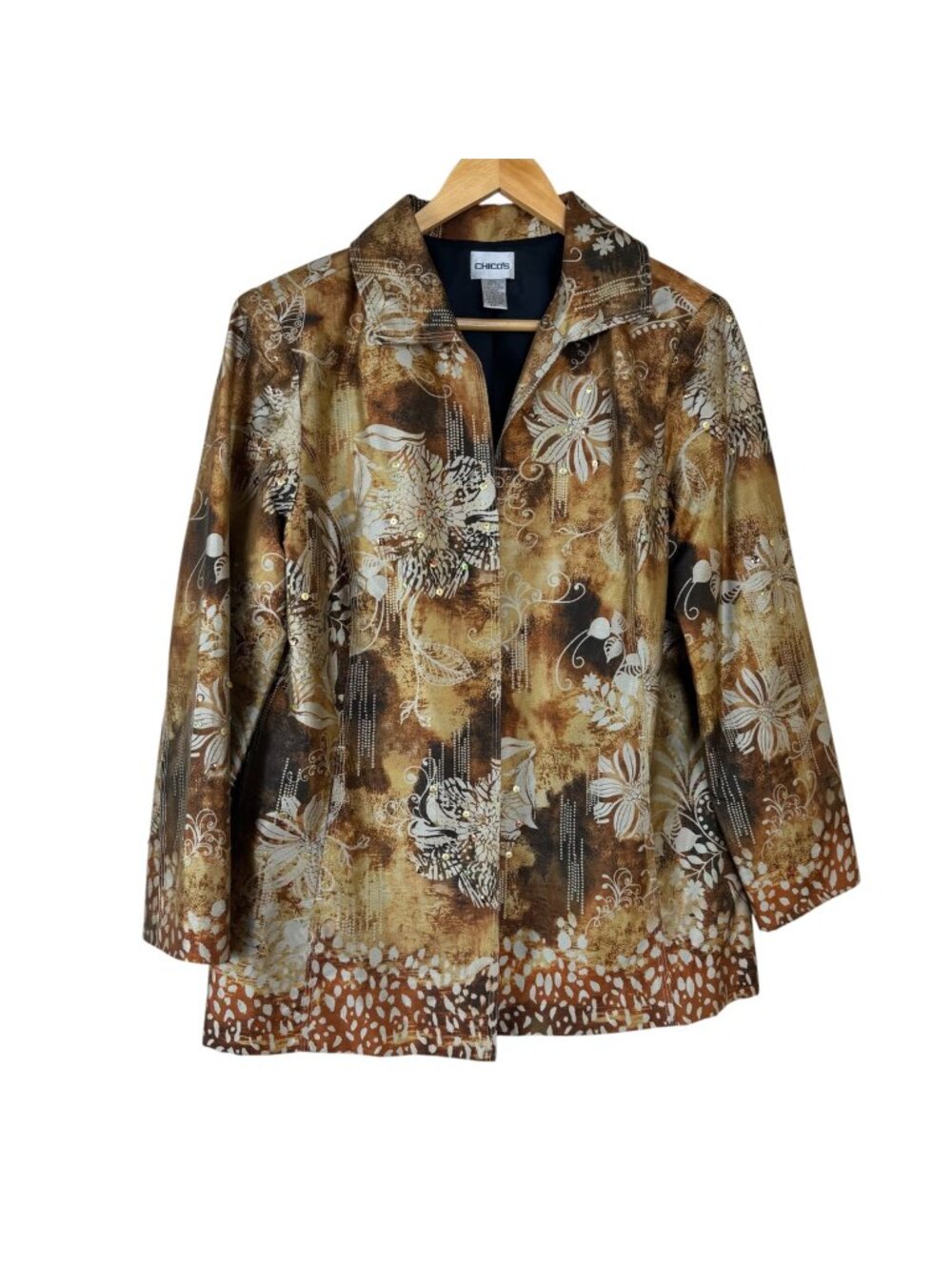 Chico's Silk Blend Jacket Blazer Chico's Size 1 (US Med) Brown Ivory Sequins